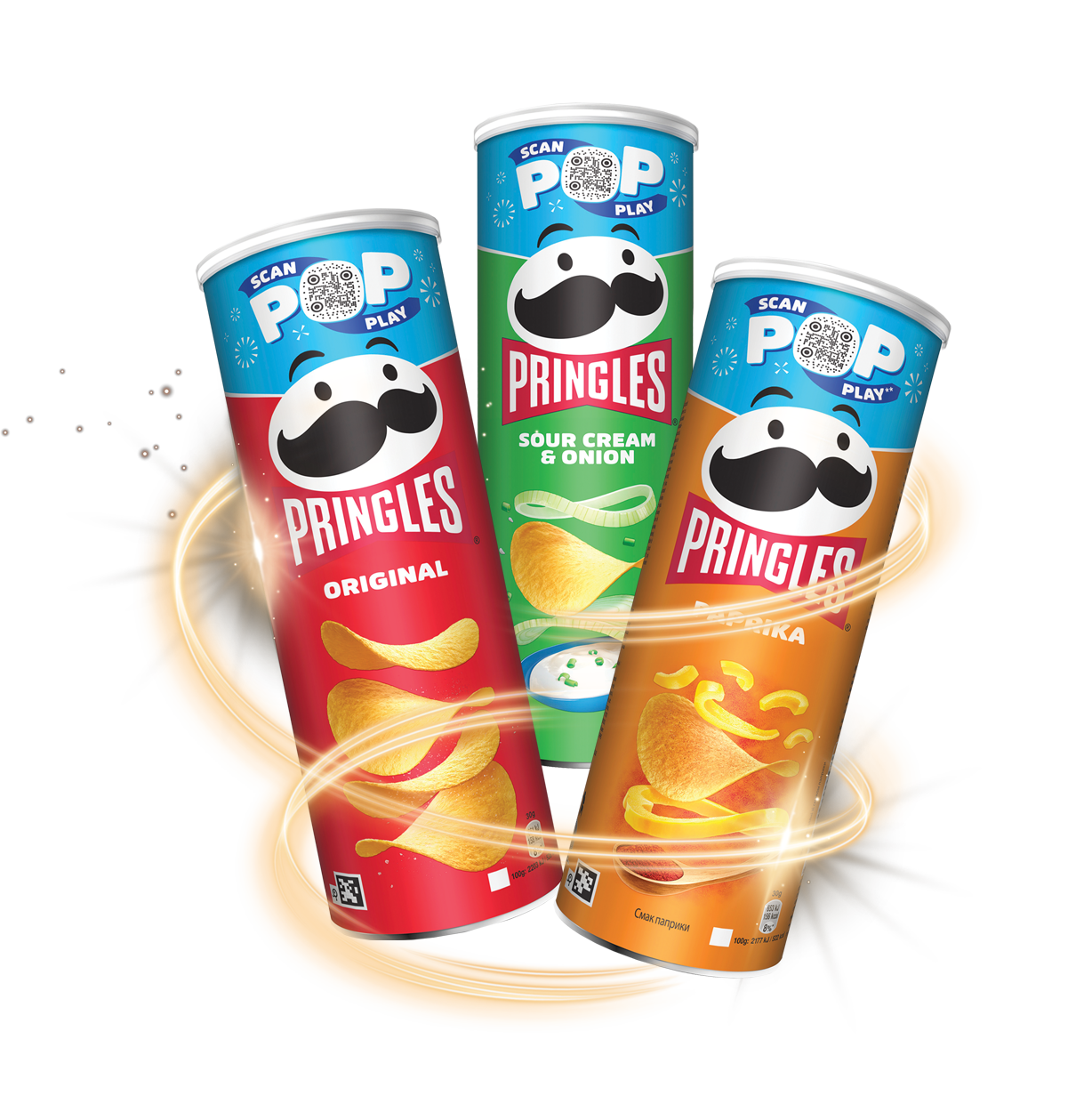 Pringles promo packaging: Original, Sour Cream & Onion and Paprika cans